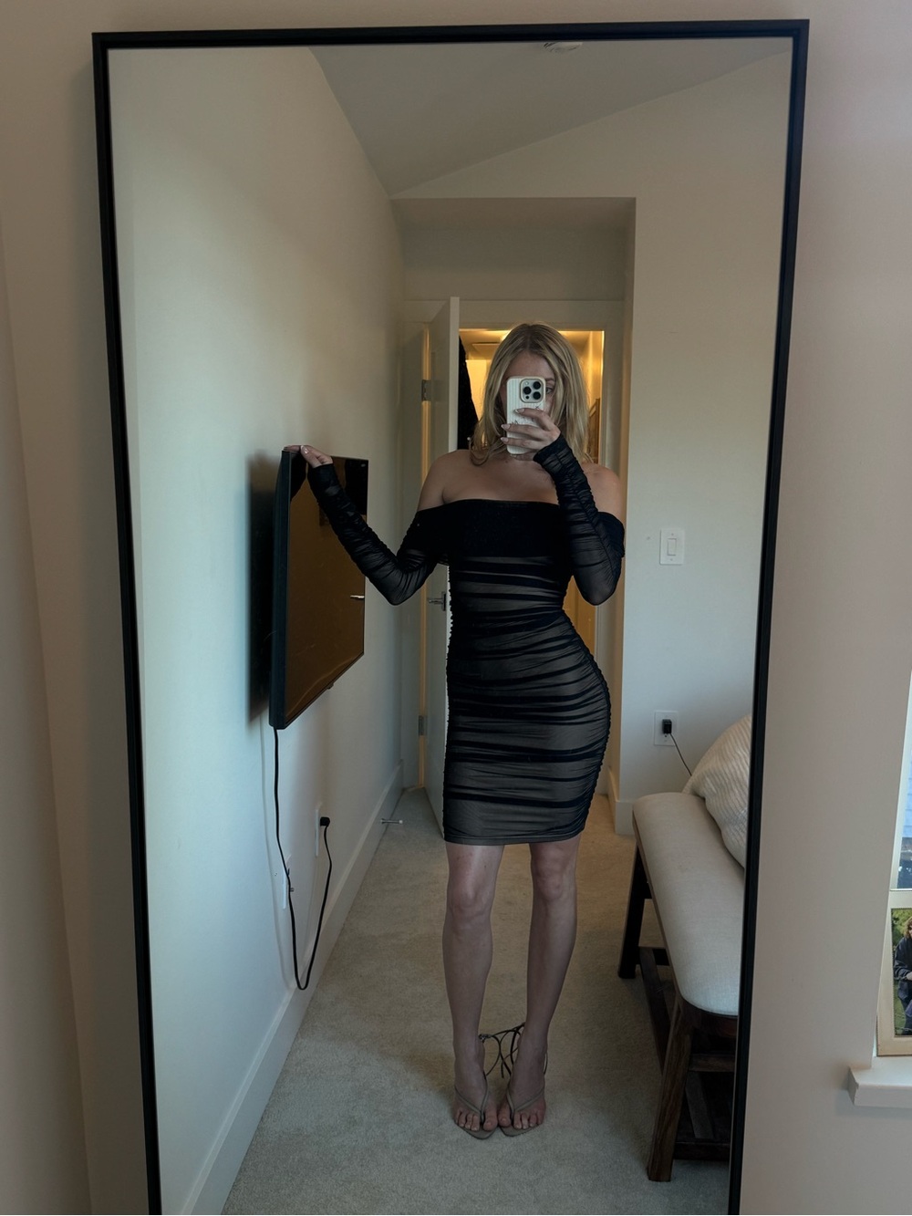 Fashion Nova Black Off-Shoulder Sheer Ruched Mini Dress